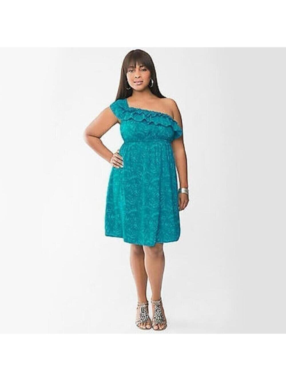 Lane Bryant One Shoulder Ruffle Dress 16 Tropical Teal Blue Floral Midi